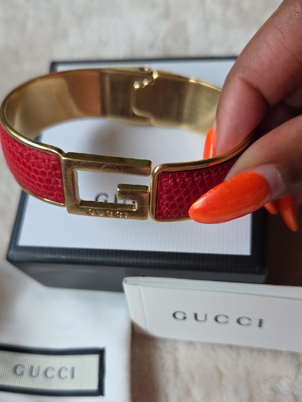 Gucci Red Leather Bracelet with Gold-Tone Hardware